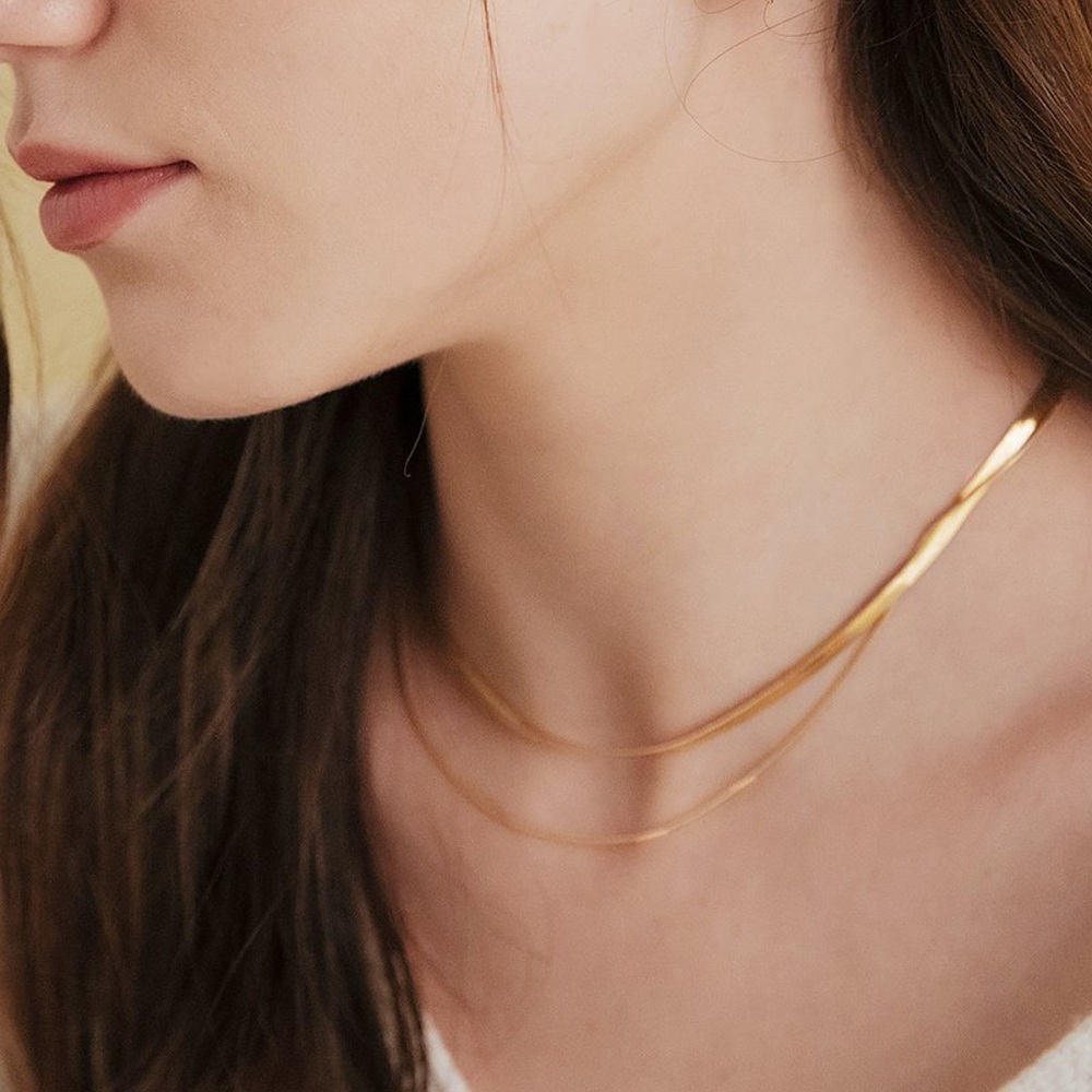 18K Gold Plated Double Flat Thin Snake Chain Clavicle Chain (Gold/Double Layer) - Picture 3 of 7